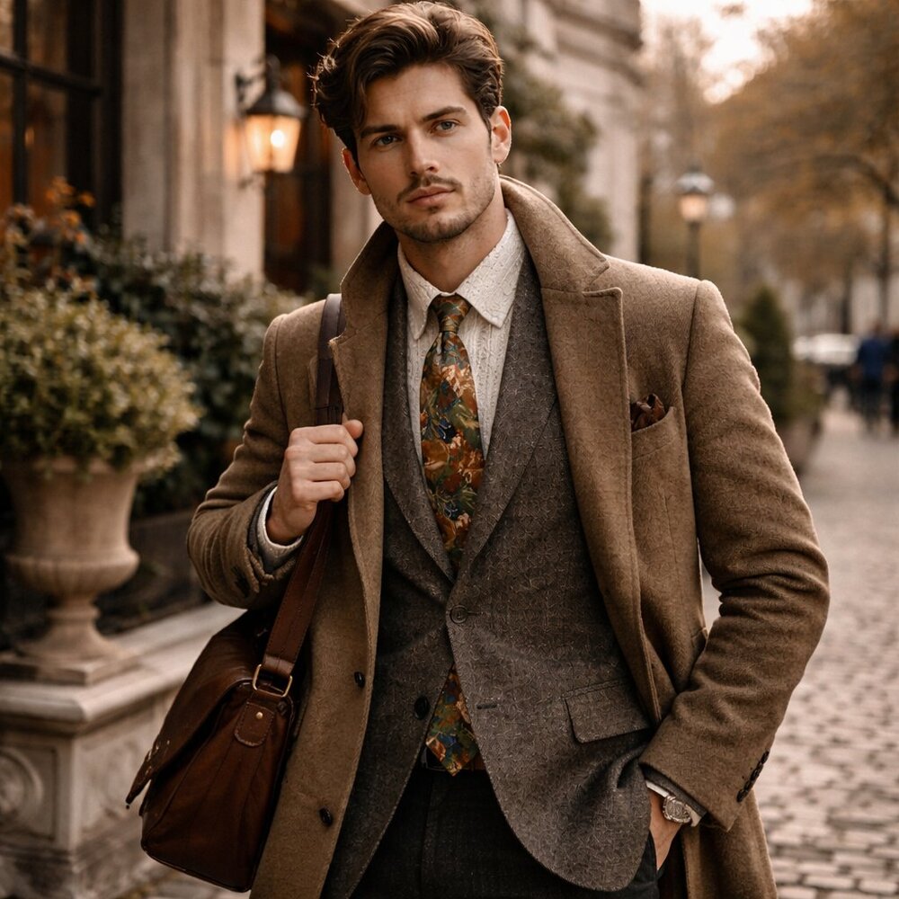 Brandini 100% Silk Floral Tie – Painterly Earth Tones, Vintage Style